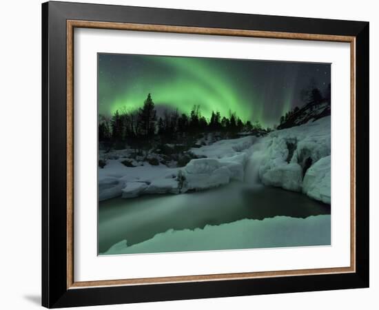 A Wintery Waterfall And Aurora Borealis Over Tennevik River, Norway-Stocktrek Images-Framed Photographic Print