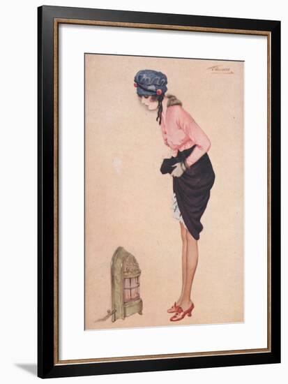 A Womam Lifting Her Skirt to Warm Her Legs by a Small Heater-null-Framed Giclee Print