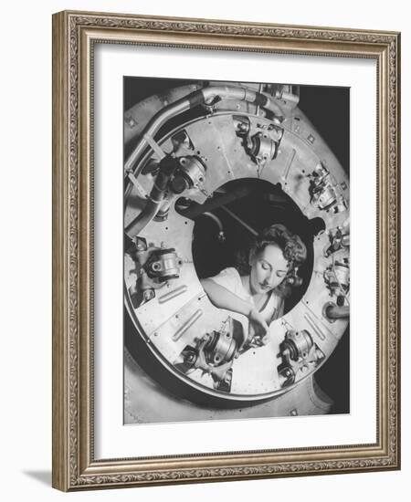 A Woman Assembles Part of the Cowling of a B-25 Bomber Motor. Circa 1942-Stocktrek Images-Framed Photographic Print