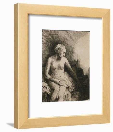 A Woman at the Bath with a Hat Beside Her-Rembrandt van Rijn-Framed Giclee Print