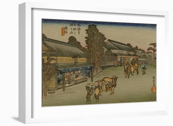 A Woman Carried in a Carrycot Passes a Shop in Narumi-Utagawa Hiroshige-Framed Art Print