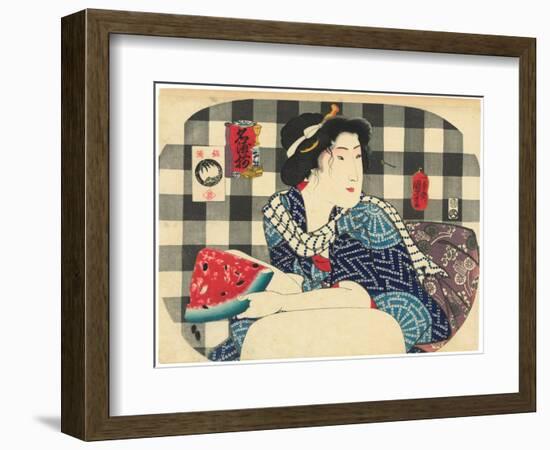 A Woman Holding a Slice of Watermelon, from the Series Famous Brands of Sake (Meishu Zoroi), 1843-4-Utagawa Kuniyoshi-Framed Giclee Print