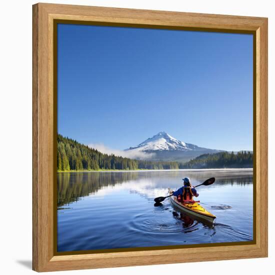 A Woman in a Sea Kayak Paddles on Trillium Lake, Oregon, USA-Gary Luhm-Framed Premier Image Canvas