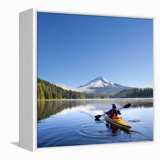 A Woman in a Sea Kayak Paddles on Trillium Lake, Oregon, USA-Gary Luhm-Framed Premier Image Canvas