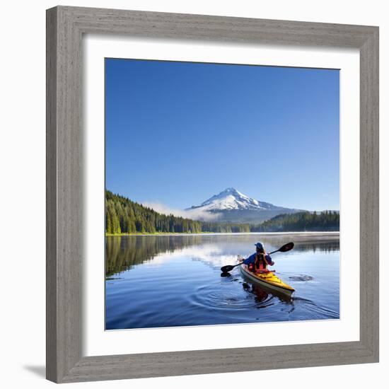 A Woman in a Sea Kayak Paddles on Trillium Lake, Oregon, USA-Gary Luhm-Framed Photographic Print