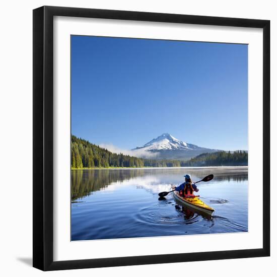 A Woman in a Sea Kayak Paddles on Trillium Lake, Oregon, USA-Gary Luhm-Framed Photographic Print