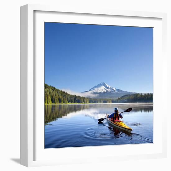 A Woman in a Sea Kayak Paddles on Trillium Lake, Oregon, USA-Gary Luhm-Framed Photographic Print