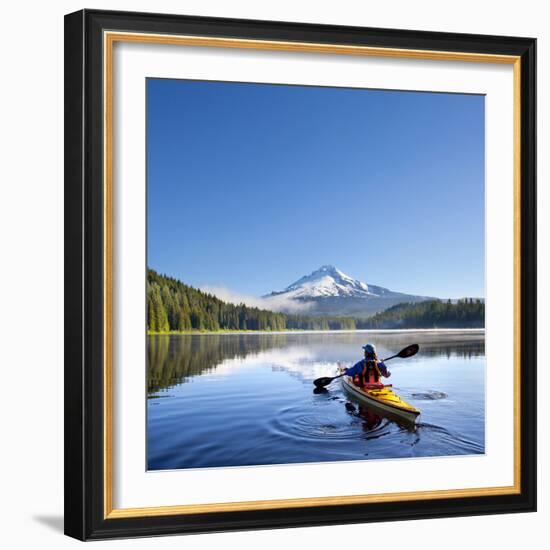 A Woman in a Sea Kayak Paddles on Trillium Lake, Oregon, USA-Gary Luhm-Framed Photographic Print