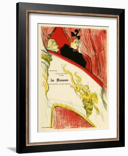 A Woman in a Theatre Dressing Room Using a Pair of Binoculars. Poster for the Missionary, Play by M-Henri de Toulouse-Lautrec-Framed Giclee Print