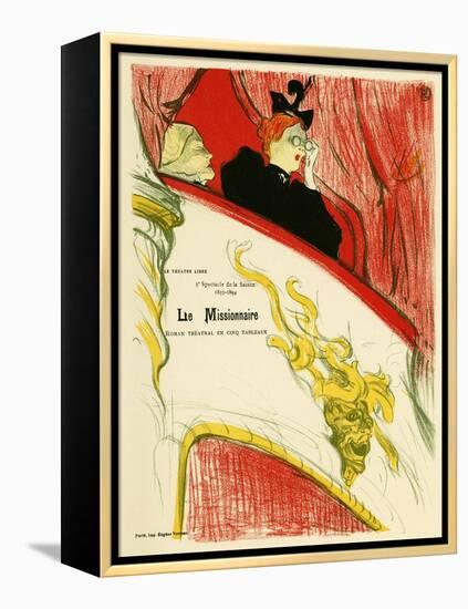 A Woman in a Theatre Dressing Room Using a Pair of Binoculars. Poster for the Missionary, Play by M-Henri de Toulouse-Lautrec-Framed Premier Image Canvas