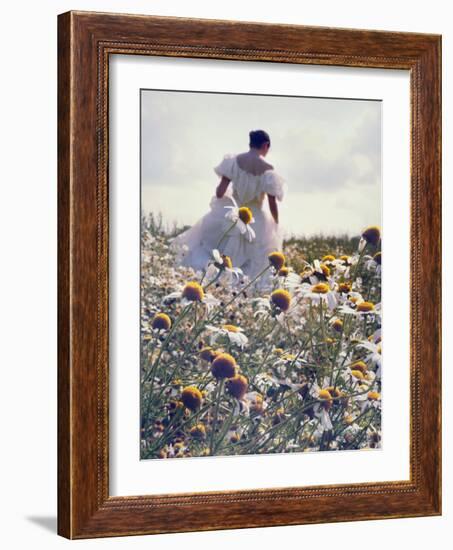 A Woman in a White Victorian Dress, Walking Among Camomile Flowers on a Meadow on a Sunny Day-Malgorzata Maj-Framed Photographic Print