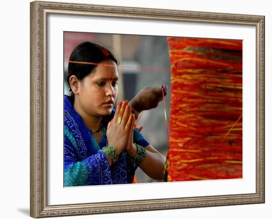 A Woman Offers Prayers to a Banyan Tree Covered by Sacred Thread-null-Framed Photographic Print