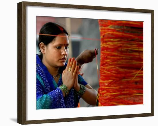 A Woman Offers Prayers to a Banyan Tree Covered by Sacred Thread-null-Framed Photographic Print