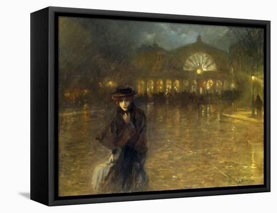 A Woman on a Paris Street at Evening-Lionello Balestrieri-Framed Premier Image Canvas