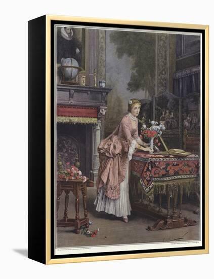 A Woman Placing a Vase of Flowers on a Table-Emile Pierre Metzmacher-Framed Premier Image Canvas