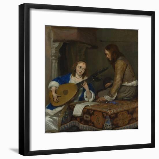 A Woman Playing the Theorbo-Lute and a Cavalier, c.1658-Gerard ter Borch or Terborch-Framed Premium Giclee Print