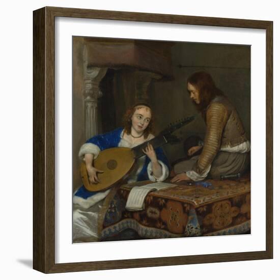 A Woman Playing the Theorbo-Lute and a Cavalier, c.1658-Gerard ter Borch or Terborch-Framed Giclee Print