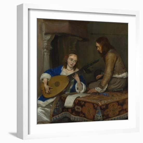 A Woman Playing the Theorbo-Lute and a Cavalier, c.1658-Gerard ter Borch or Terborch-Framed Giclee Print