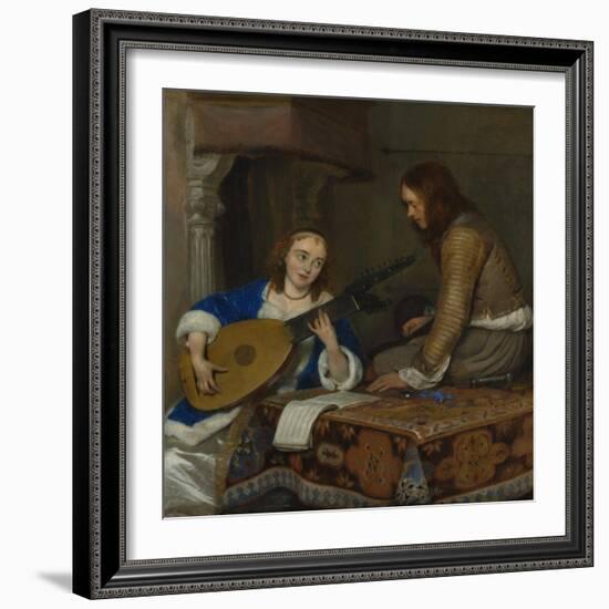 A Woman Playing the Theorbo-Lute and a Cavalier, c.1658-Gerard ter Borch or Terborch-Framed Giclee Print