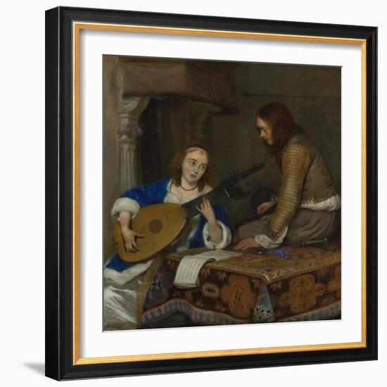 A Woman Playing the Theorbo-Lute and a Cavalier, c.1658-Gerard ter Borch or Terborch-Framed Giclee Print