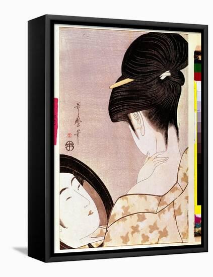 A Woman Powering Her Neck with Shade Japanese Print by Utamaro Kitagawa (1753-1806) - Sun 0,37X0,22-Kitagawa Utamaro-Framed Premier Image Canvas