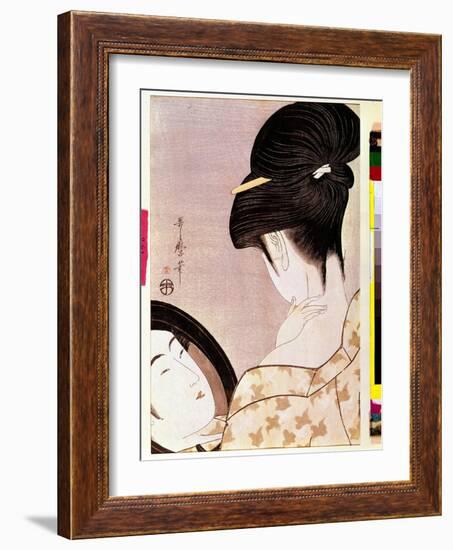 A Woman Powering Her Neck with Shade Japanese Print by Utamaro Kitagawa (1753-1806) - Sun 0,37X0,22-Kitagawa Utamaro-Framed Giclee Print