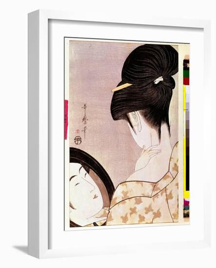 A Woman Powering Her Neck with Shade Japanese Print by Utamaro Kitagawa (1753-1806) - Sun 0,37X0,22-Kitagawa Utamaro-Framed Giclee Print