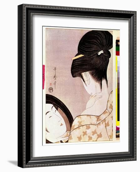 A Woman Powering Her Neck with Shade Japanese Print by Utamaro Kitagawa (1753-1806) - Sun 0,37X0,22-Kitagawa Utamaro-Framed Giclee Print