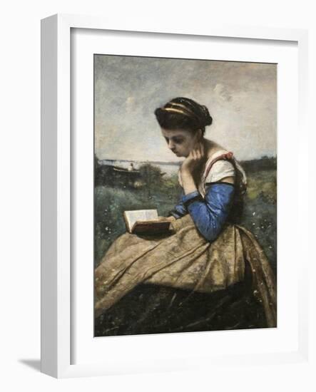 A Woman Reading-Jean-Baptiste-Camille Corot-Framed Art Print