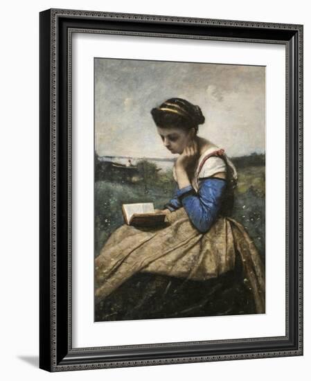 A Woman Reading-Jean-Baptiste-Camille Corot-Framed Art Print