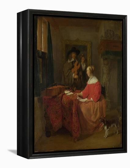 A Woman Seated at a Table and a Man Tuning a Violin, C. 1657?1658-Gabriel Metsu-Framed Premier Image Canvas