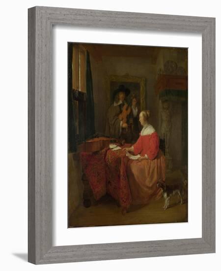 A Woman Seated at a Table and a Man Tuning a Violin, C. 1657?1658-Gabriel Metsu-Framed Giclee Print