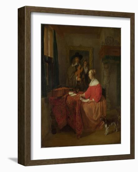 A Woman Seated at a Table and a Man Tuning a Violin, C. 1657?1658-Gabriel Metsu-Framed Giclee Print