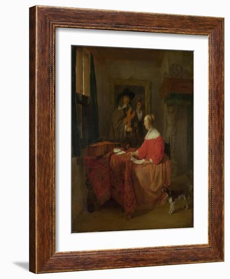 A Woman Seated at a Table and a Man Tuning a Violin, C. 1657?1658-Gabriel Metsu-Framed Giclee Print