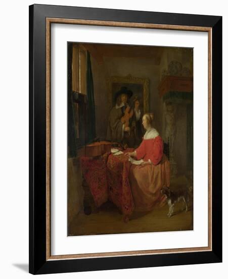 A Woman Seated at a Table and a Man Tuning a Violin, C. 1657?1658-Gabriel Metsu-Framed Giclee Print