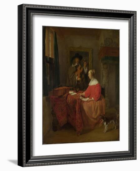 A Woman Seated at a Table and a Man Tuning a Violin, C. 1657?1658-Gabriel Metsu-Framed Giclee Print