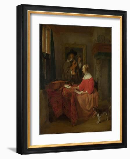 A Woman Seated at a Table and a Man Tuning a Violin, C. 1657?1658-Gabriel Metsu-Framed Giclee Print