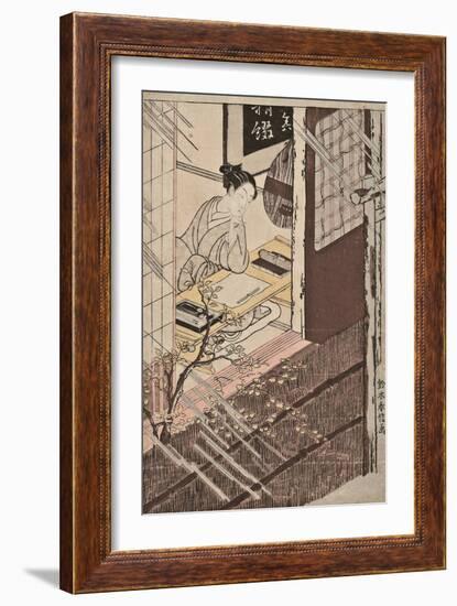 A Woman Seated at a Writing Desk Looking out at the Rain-Suzuki Harunobu-Framed Giclee Print