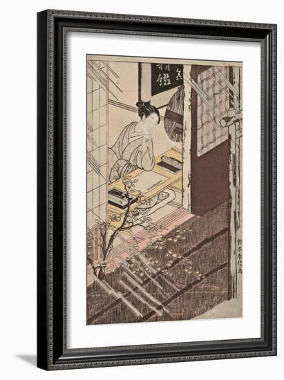 A Woman Seated at a Writing Desk Looking out at the Rain-Suzuki Harunobu-Framed Giclee Print