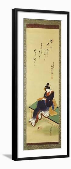 A Woman Seated on a Bench Holding a Poem Card, circa 1855-Utagawa Kunisada-Framed Giclee Print