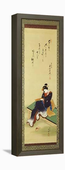 A Woman Seated on a Bench Holding a Poem Card, circa 1855-Utagawa Kunisada-Framed Premier Image Canvas