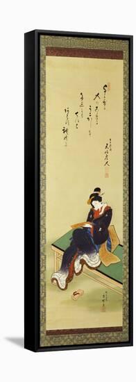 A Woman Seated on a Bench Holding a Poem Card, circa 1855-Utagawa Kunisada-Framed Premier Image Canvas