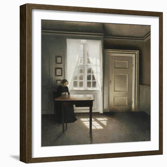 A Woman Sewing in an Interior-Vilhelm Hammershoi-Framed Giclee Print