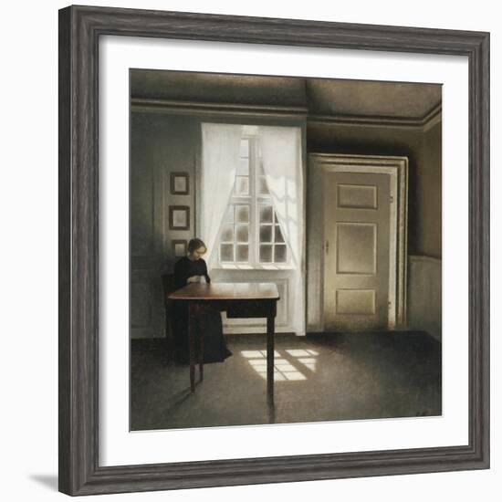 A Woman Sewing in an Interior-Vilhelm Hammershoi-Framed Giclee Print