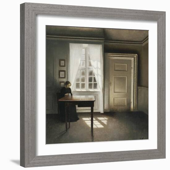 A Woman Sewing in an Interior-Vilhelm Hammershoi-Framed Giclee Print