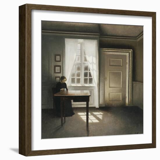 A Woman Sewing in an Interior-Vilhelm Hammershoi-Framed Giclee Print