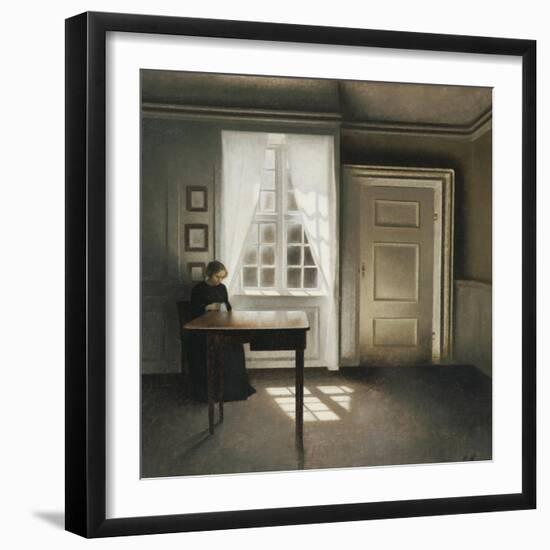 A Woman Sewing in an Interior-Vilhelm Hammershoi-Framed Giclee Print