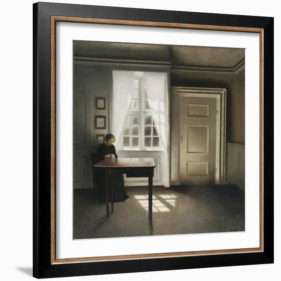 A Woman Sewing in an Interior-Vilhelm Hammershoi-Framed Giclee Print