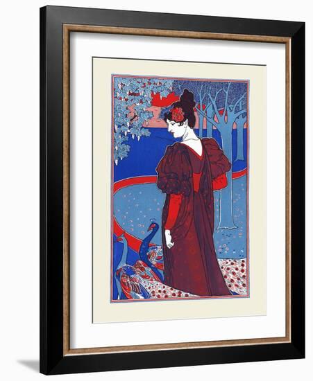A Woman Stands Looking At Two Peacocks-Louis Rhead-Framed Art Print