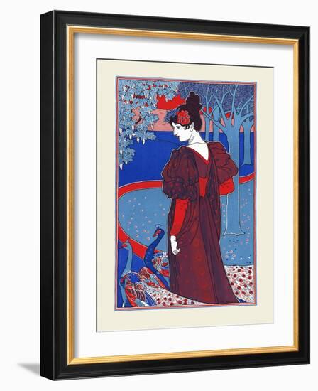 A Woman Stands Looking At Two Peacocks-Louis Rhead-Framed Art Print